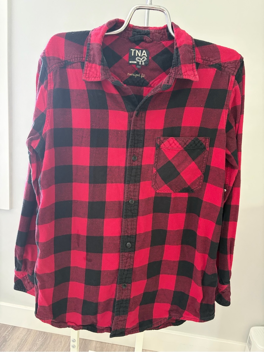 TNA Red and Black Plaid Oversized Fit Flannel Button-Up